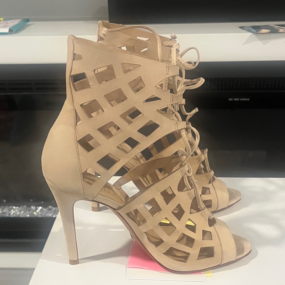 SCHUTZ Nude Cutout Lace-Up Heels